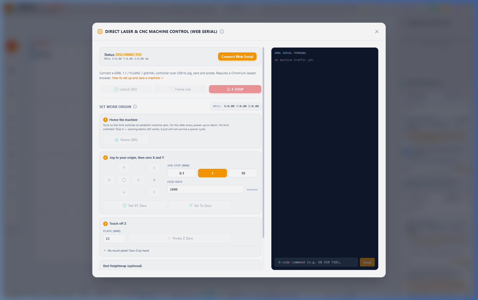 PhysBox Etch Direct Machine Control Modal