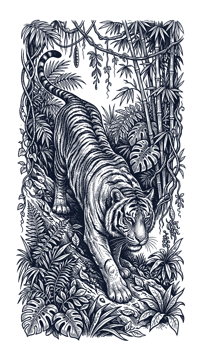 Hand-drawn sketch of a prowling tiger amidst jungle vines